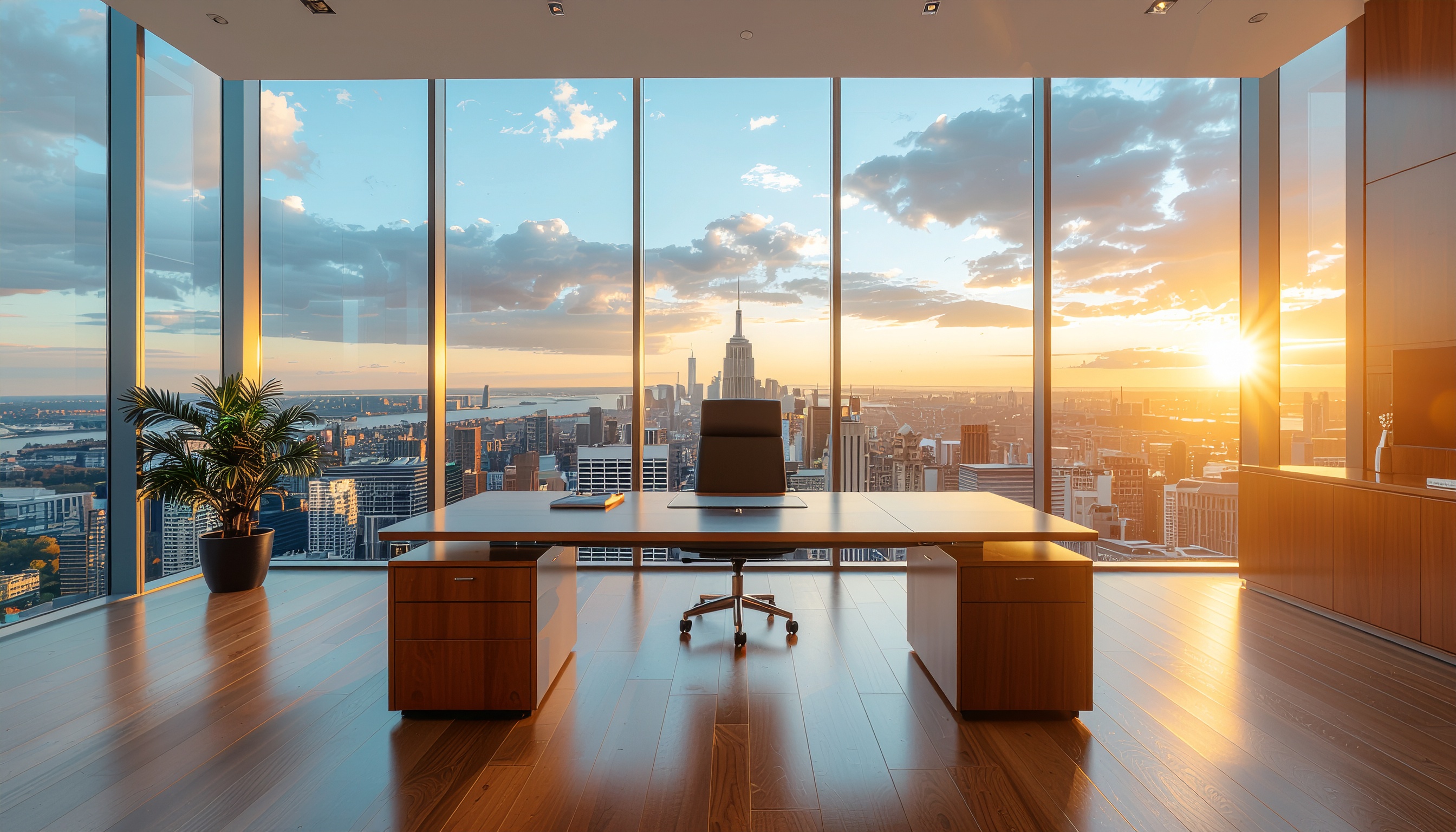 Modern Office with Panoramic View of Manhattan at Sunset